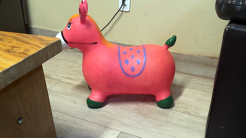 cavalinho de brinquedo de plástico colorido parado no canto de uma área externa com rede ao fundo
